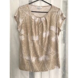 Liz Claiborne Petite Tan White Tropical Leaf Keyhole Pleated Blouse PXL